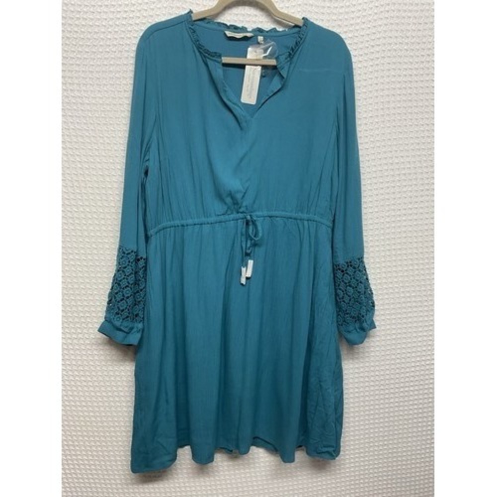 NWT Soft Surroundings Teal Crotchet Cinch Waist Meara Midi Dress Women L India